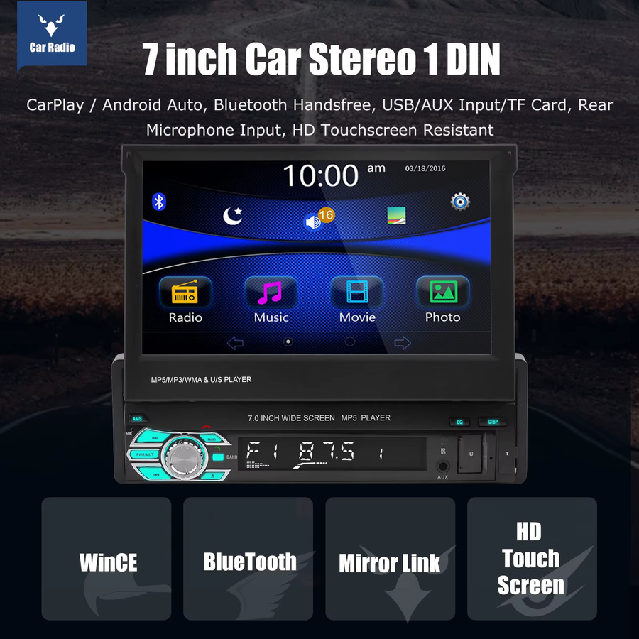 ESSGOO 7-Zoll Single DIN Autoradio mit ausklappbarem Touchscreen, Bluetooth Freisprecheinrichtung, USB, AUX-IN, TF und Mirror Link in Schwarz - Bild 2
