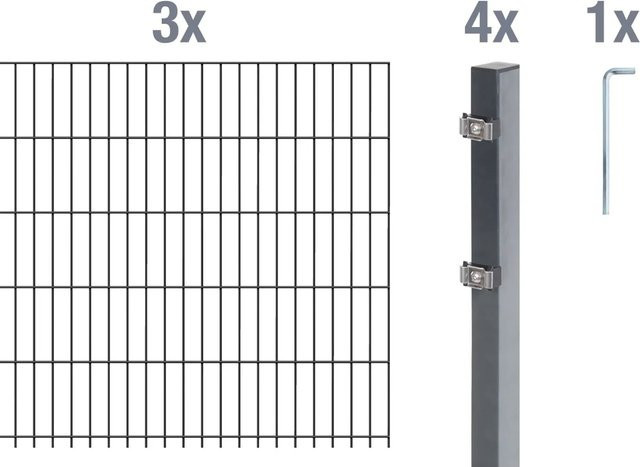 Metallzaun Doppelstabmatte Grund-Set aus Stahl, anthrazit beschichtet, B: 200 cm, H: 140 cm, 3 Stück - Bild 1