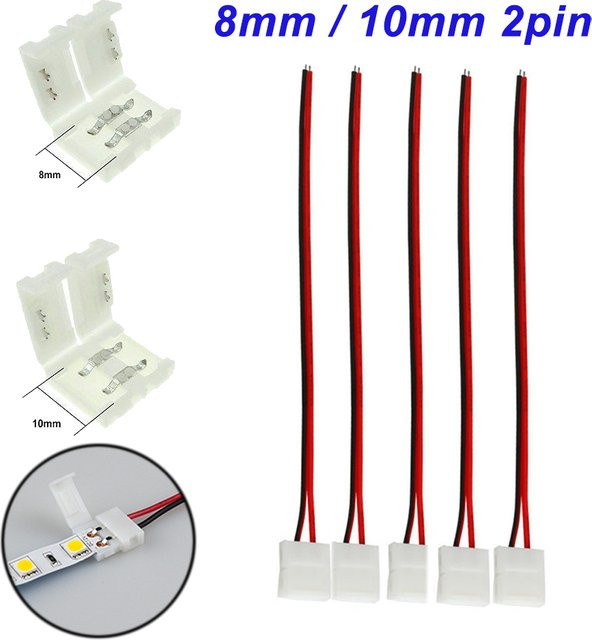 2-polige LED-Streifenverbinder ohne Löten für 2835/5050 LED-Streifen, 8 mm und 10 mm Stromkabelverbinder aus Kunststoff, Farbe: Weiß - Bild 1