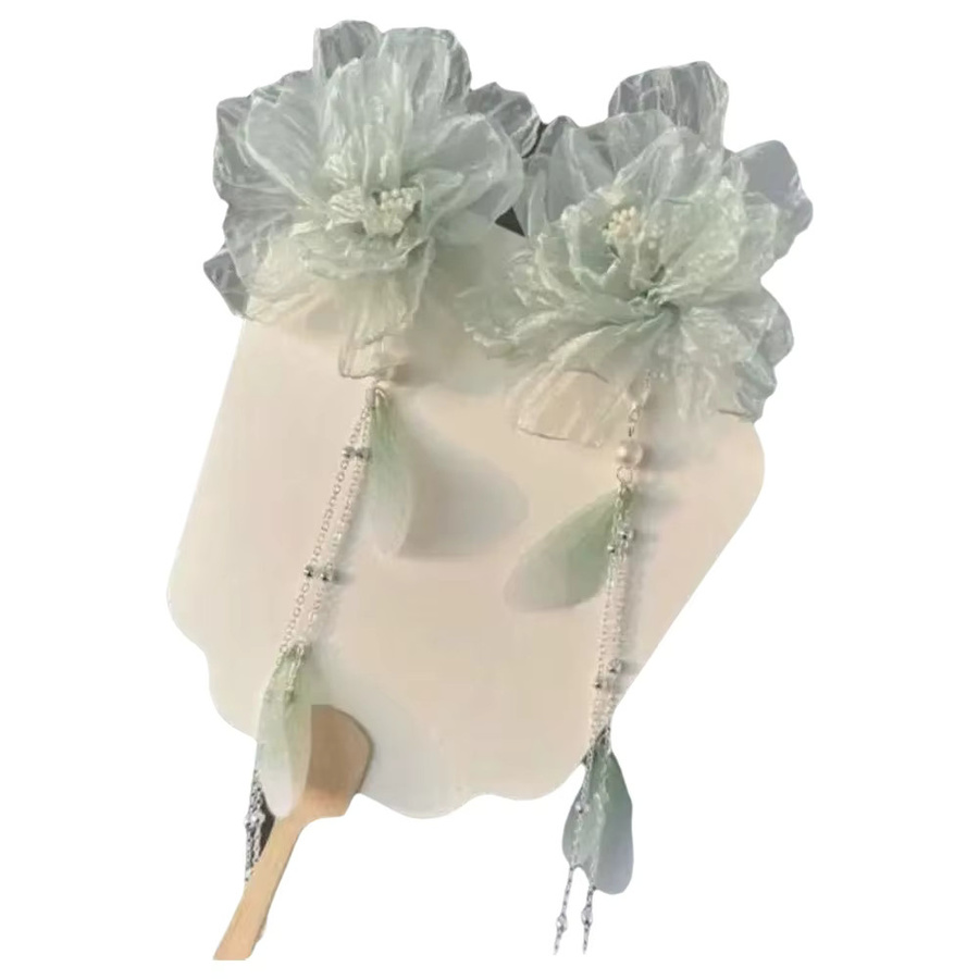 Haarklammern Haarspangen, Hanfu Kopfbedeckung, Mesh, Grün Lila, Blume, Lange Quaste, Kinder - Bild 3