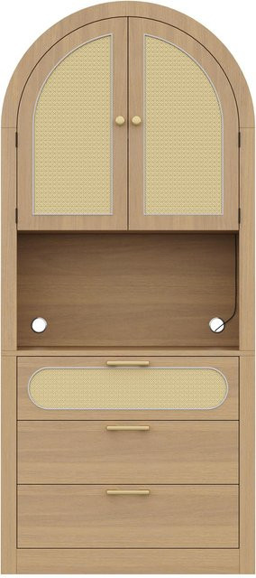 Moderne Vitrine im Boho-Stil von RN Store mit Rattantüren und integrierter Beleuchtung, Farbe: Beige/Eiche, B/T/H: 80 x 35 x 180 cm - Bild 1