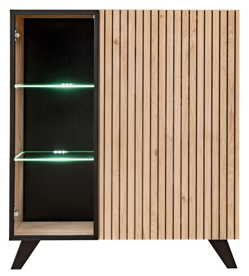 Vitrinenschrank Lines in Eiche und Schwarz mit Glastüren und integrierter Beleuchtung, B: 90 cm, H: 102 cm, T: 40 cm - Bild 2