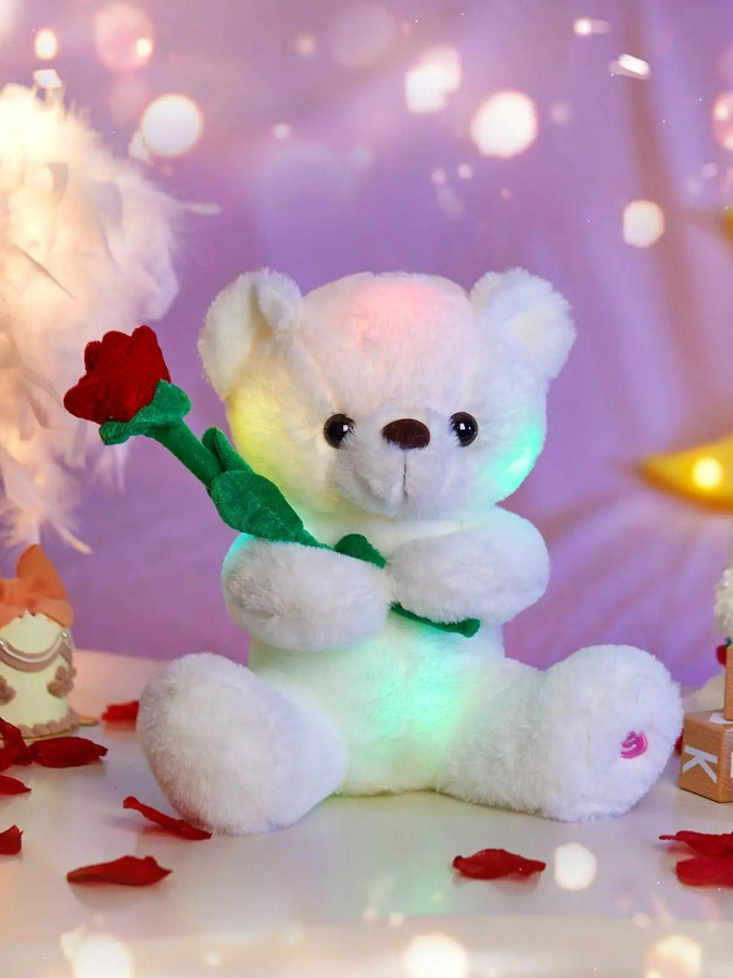 Wucifang Bags Leuchtender weißer Teddybär mit Rose als weiches LED-Stofftier Nachtlicht - Bild 3