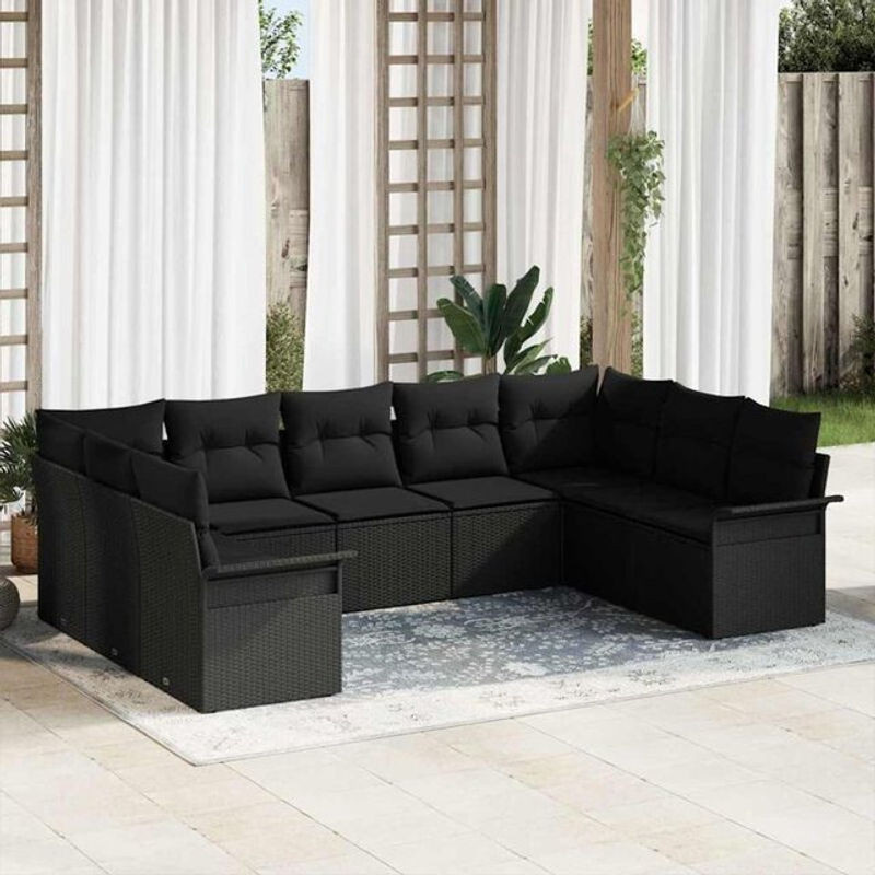vidaxl Garten-Sofa-Set aus Poly-Rattan mit 9 Kissen in Schwarz - Bild 1
