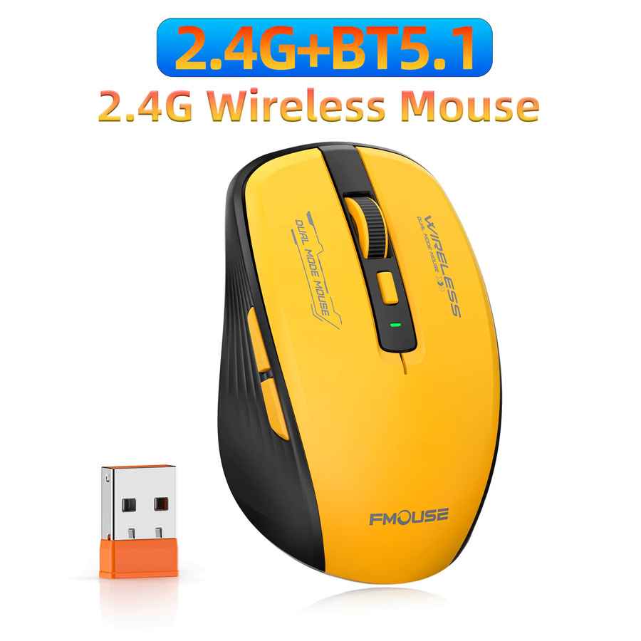 Whxmsh Dual-Modus Funkmaus mit Bluetooth 5.1 und 2,4 G USB, leise, 2400 DPI, Gelb - Bild 7