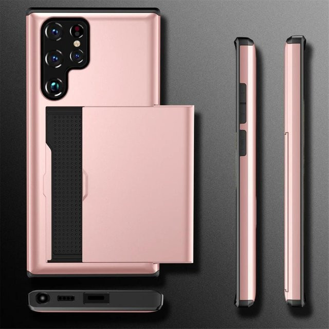 Stoßfeste Hartschalen-Handyhülle mit Kartenhalter als Wallet-Schutzhülle für Samsung Galaxy S22 S23 S24 S25 S26 Ultra Plus Edge in Pink - Bild 1