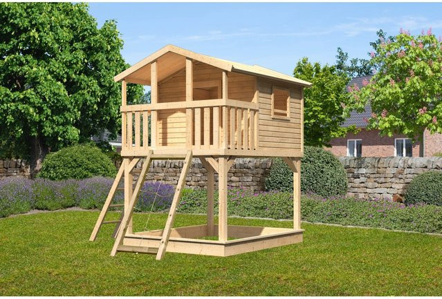 Karibu Stelzenhaus Benjamin mit Netzrampe in Natur-Braun, B/H/T: 198 x 309 x 244 cm - Bild 1