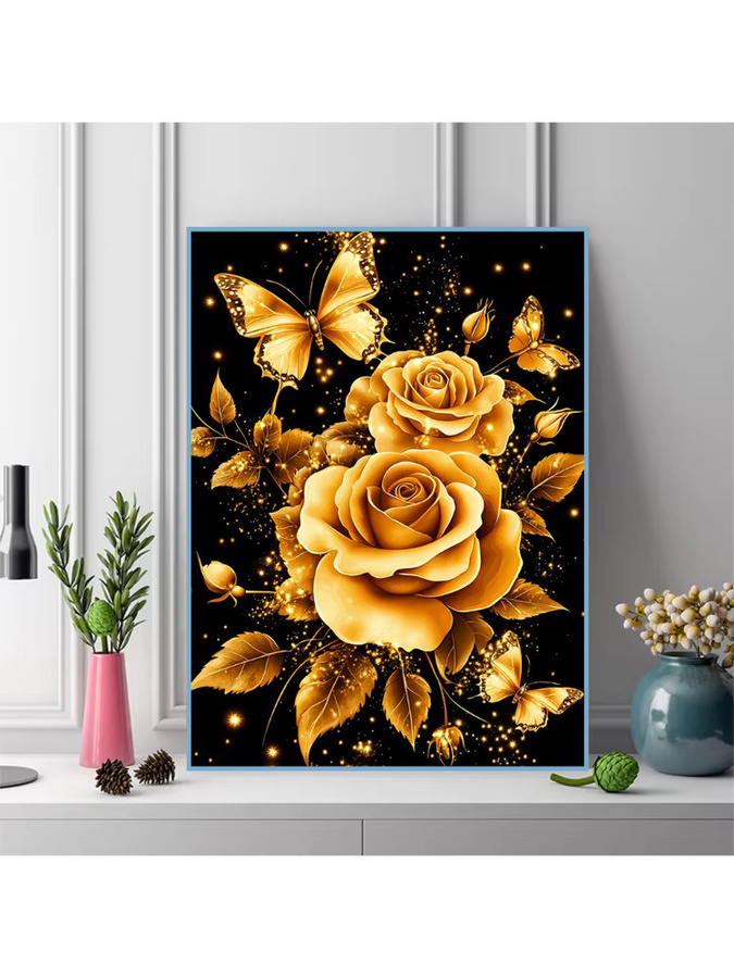 EverShine Diamant-Gemälde Rosenbild mit Schmetterling und Strasssteinen in Gold, Bastelset für Erwachsene - Bild 4
