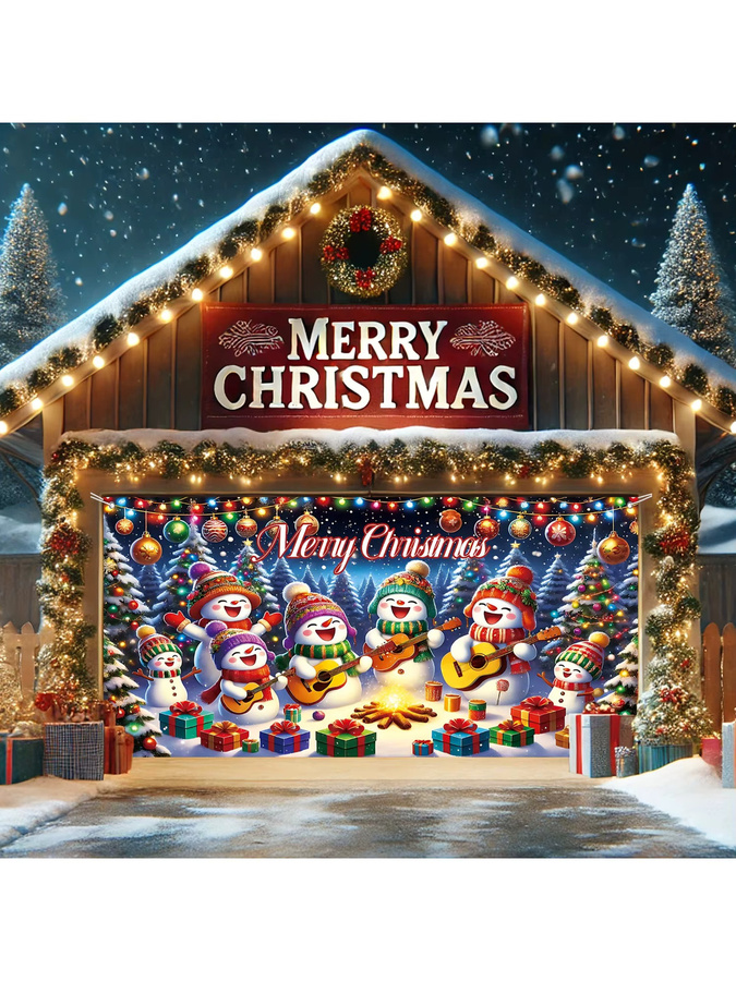 2D-Flachbanner Frohe Weihnachten Garagentordekoration mit Schneemännern, Bäumen und Geschenken, Mehrfarbig - Bild 4