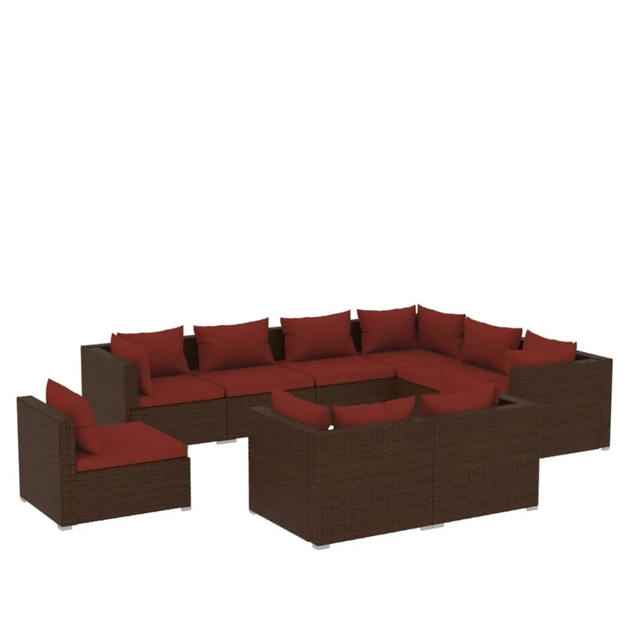 vidaXL 9-teiliges Garten-Lounge-Set in L-Form aus Poly-Rattan mit Kissen in Braun und Rot - Bild 2