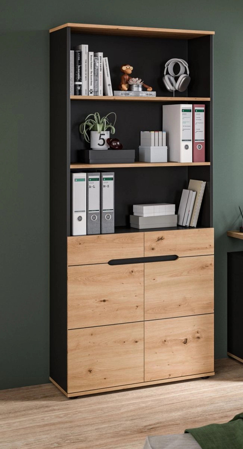 Büroschrank Cooper in Eiche und Grau mit Soft-Close-Türen und offenen Regalfächern, B/H: 80 x 190 cm - Bild 2