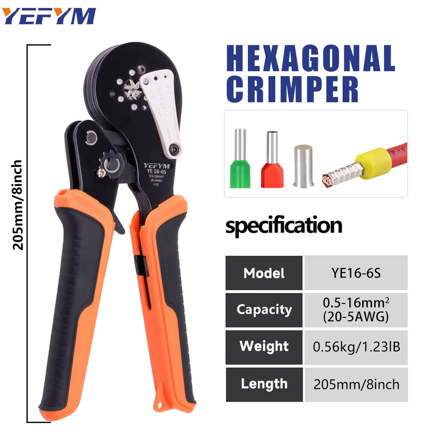 YEFYM Aderendhülsen-Crimpzange YE 16-6S für 0,5-16mm²/20-5AWG Mini-Crimpwerkzeug mit Kabelschuhhalter - Bild 2