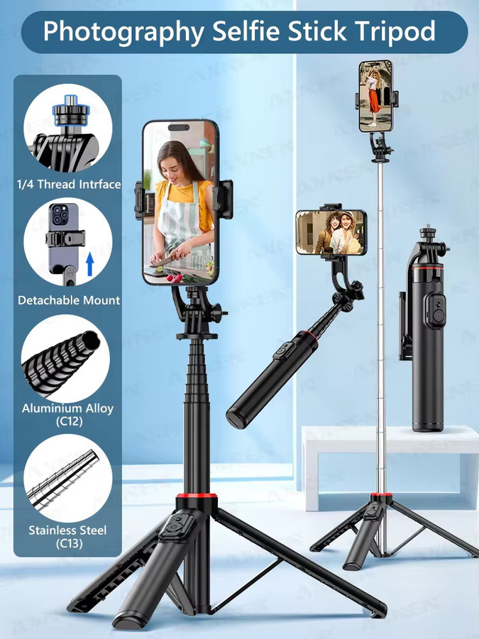 Axnen Smartphone Selfie Stick Stativ mit Bluetooth und 1/4 Zoll Anschluss für Android und iOS, Schwarz, C12/C13 - Bild 5