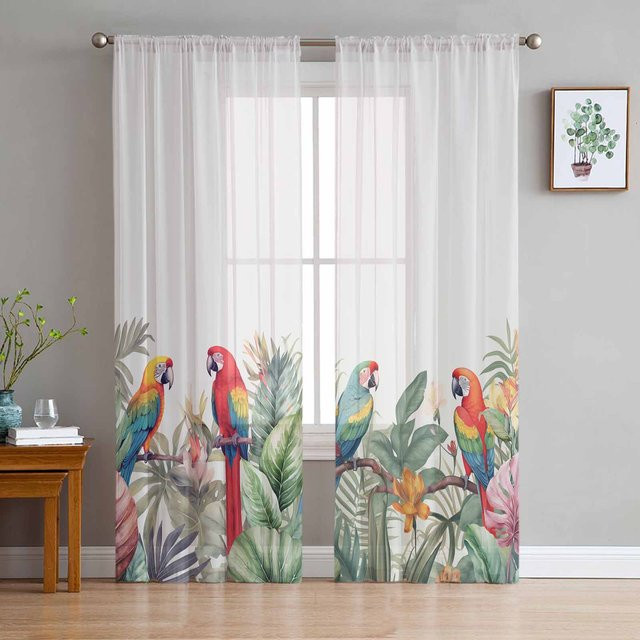 Yiran Furniture Transparente Voile-Vorhänge mit tropischem Papageien- und Blumenmuster, Organza-Tüll für Wohnzimmer und Küche, B: 135 cm, H: 115 cm - Bild 1