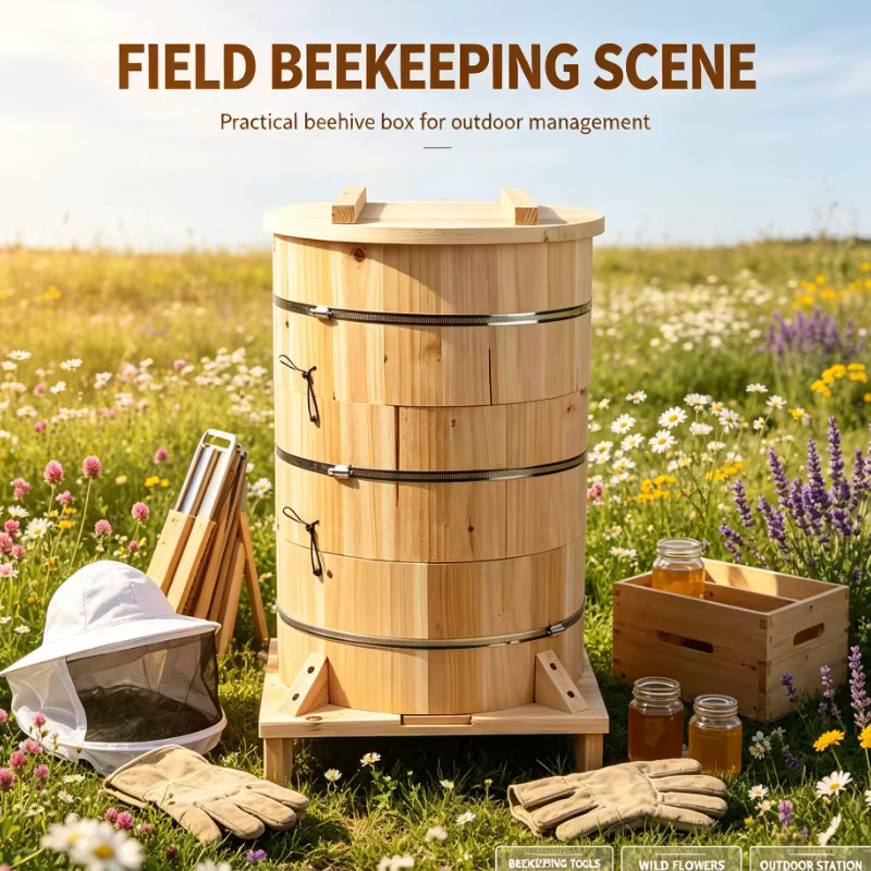 Runder chinesischer Bienenstock in Braun für die Bienenzucht im Freien mit mehrschichtigem Doppelkönigskasten und kleinem Gitter - Bild 4