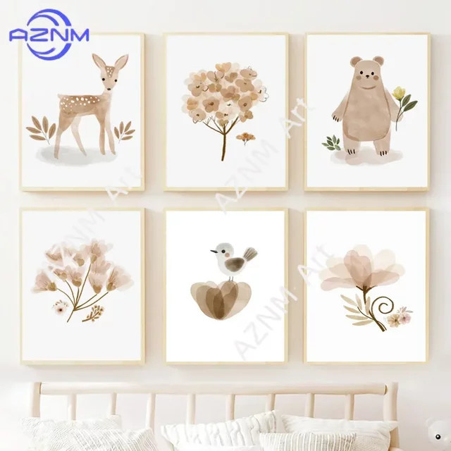 KAYOU Boho Kinderzimmer Wandkunst Leinwand mit Tier-, Vogel- und Blumenmotiven in Mehrfarbig - Bild 1