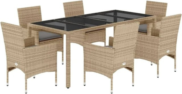vidaXL 7-teilige Garten-Essgruppe aus Poly-Rattan mit Kissen und Glastisch in Beige-Grau - Bild 1