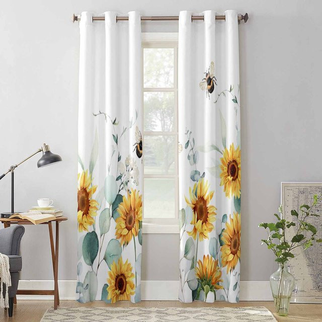 Super Six Vorhang mit Eukalyptus- und Sonnenblumen-Design, semi-transparent, Farbe: Weiß, B: 135 cm, H: 60 cm - Bild 1