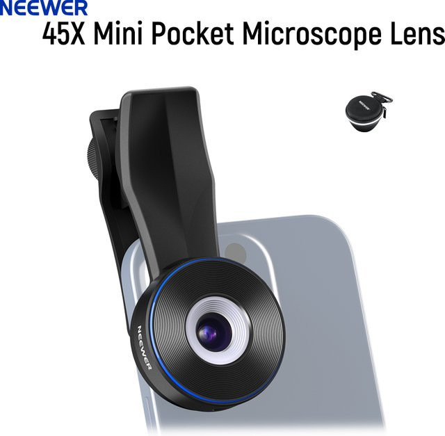 NEEWER 45X Mini-Taschenmikroskopobjektiv mit 17 mm Gewinde und LED-Licht als Telefonobjektivclip für iPhone und Samsung, Schwarz - Bild 1