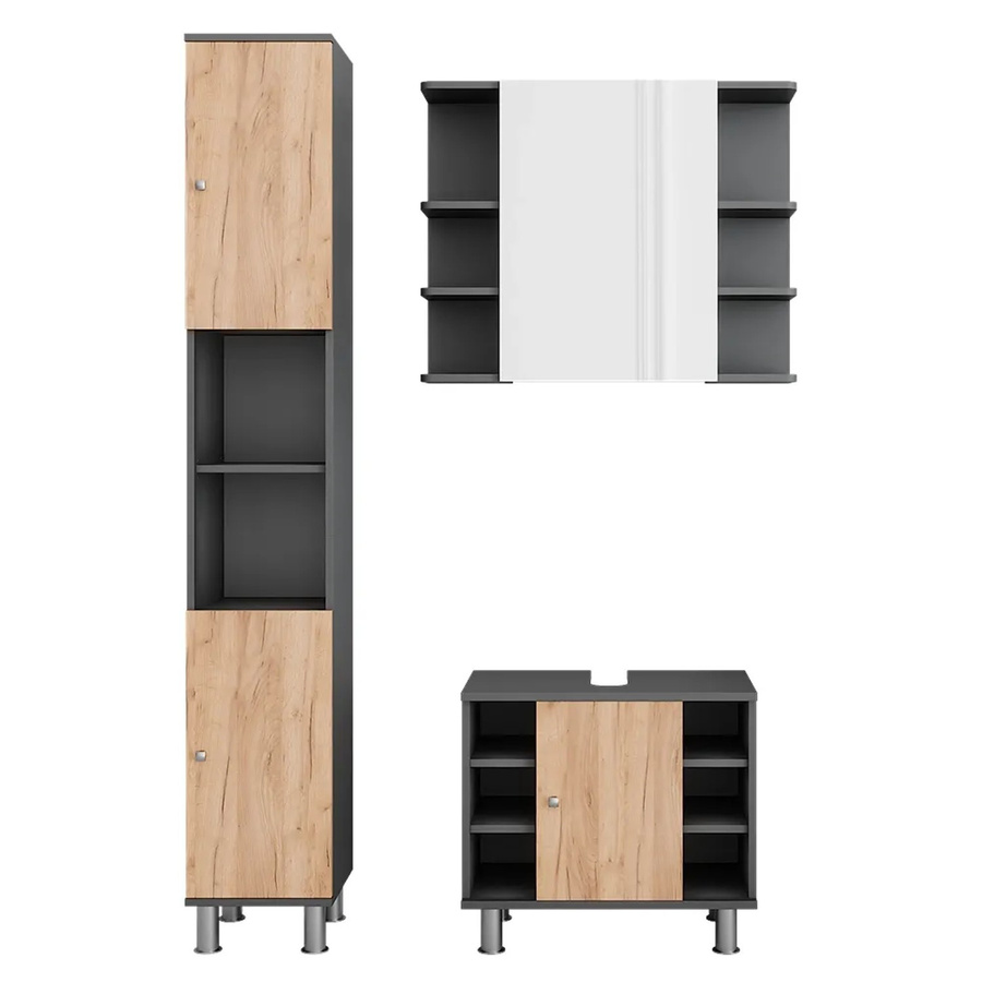 Vicco Badmöbel-Set Fynn in Anthrazit und Goldkraft Eiche, 3-teilig bestehend aus Waschtischunterschrank, Spiegelschrank mit LED-Beleuchtung und Hochschrank - Bild 2