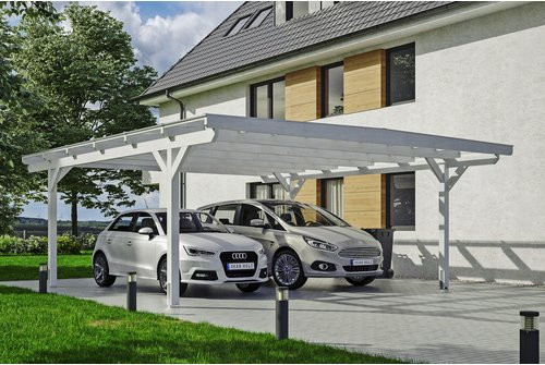 Skan Holz Carport Odenwald aus Fichte in Weiß mit Doppelstegplatten und flacher Dachform, B/T: 640 x 648 cm, Höhe: 244 cm - Bild 3