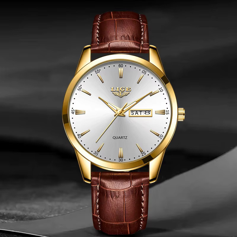 LIGE Armbanduhr Chronograph, Quarz, Leder, Gold, Herren - Bild 4