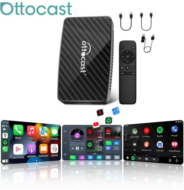 Ottocast Play2video Pro Wireless Android Auto und CarPlay Adapter in Schwarz mit Netflix, Youtube und IPTV Unterstützung für VW, Kia und Toyota - Bild 1