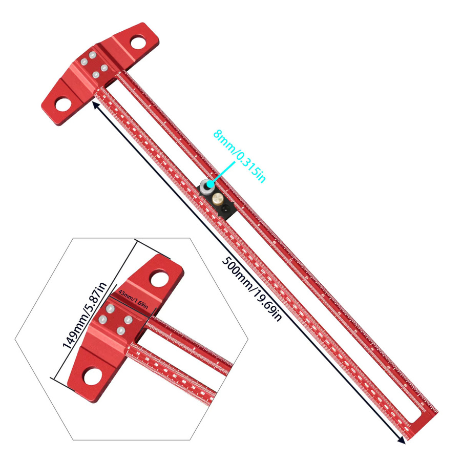 JIGHOLE Präzisions-T-Winkel-Markierwerkzeug aus Aluminium in Rot, Verstellbare Bohrlehre mit 500 mm Länge für die Holzbearbeitung - Bild 3