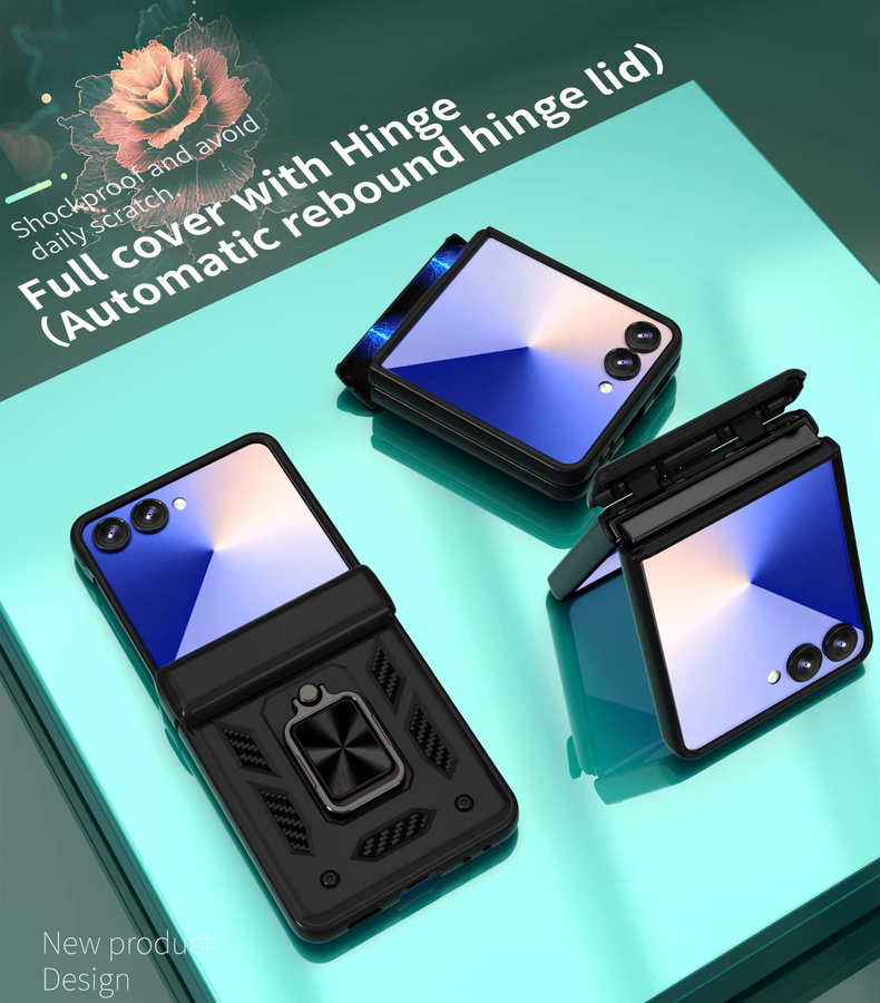 Stoßfeste Panzer-Ring-Handyhülle mit Scharnier-Verbindung für Samsung Galaxy Z Flip 7, Z Flip 6 und Z Flip 5 aus hartem PC in Schwarz und Gold - Bild 4