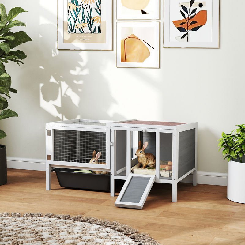 PawHut Hasenstall aus Tannenholz mit Freilaufgehege und Rampe, Grau, B/T/H: 105 x 57,5 x 51,5 cm - Bild 2