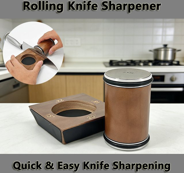 RSCHEF Professioneller Rollmesser-Schärfer mit vierseitigem Diamantstein und magnetischem Winkelführer in Braun - Bild 1