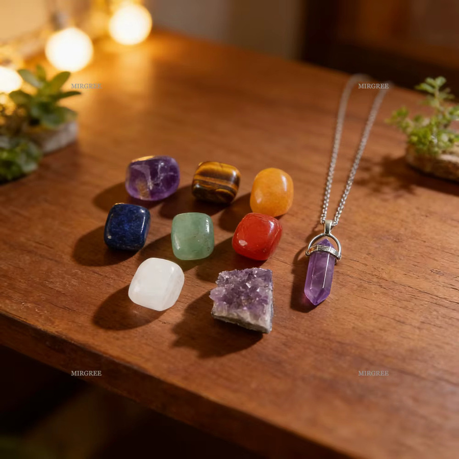 Halsketten-Set, Amethyst-Anhänger, 7-Chakra-Heilstein, Silber, Unisex - Bild 3