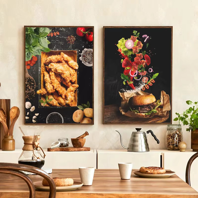 Potdemiel Küchenposter Fast Food Leinwandbild Motiv Gebratenes Huhn und Pasta in Mehrfarben - Bild 2