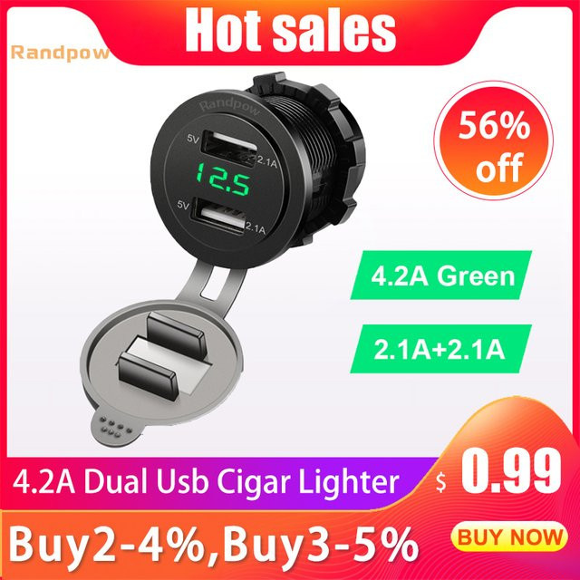 Randpow USB-Zigarettenanzünder mit Doppel-USB-Anschluss 4.2A und LED-Voltmeter für 12V/24V Autos und Motorräder, Schwarz - Bild 1