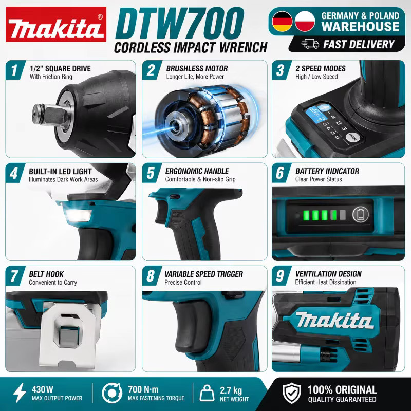 Makita DTW700 18V Akku-Schlagschrauber mit 700Nm Hochdrehmoment und variabler Geschwindigkeit - Bild 4