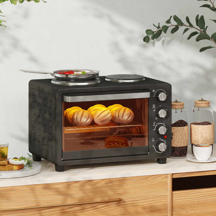 HOMCOM Minibackofen Schwarz mit 28 l Volumen, 2600 W Leistung, Grillfunktion, Timer und 2 Warmhalteplatten inklusive Backblech und Grillrost - Bild 2
