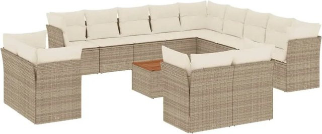 vidaXL 14-tlg. Garten-Sofagarnitur in L-Form mit Kissen und Couchtisch, Beige, Poly-Rattan und Akazienholz - Bild 1