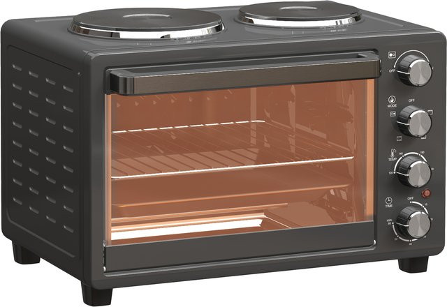 HOMCOM Minibackofen Schwarz mit 28 l Volumen, 2600 W Leistung, Grillfunktion, Timer und 2 Warmhalteplatten inklusive Backblech und Grillrost - Bild 1
