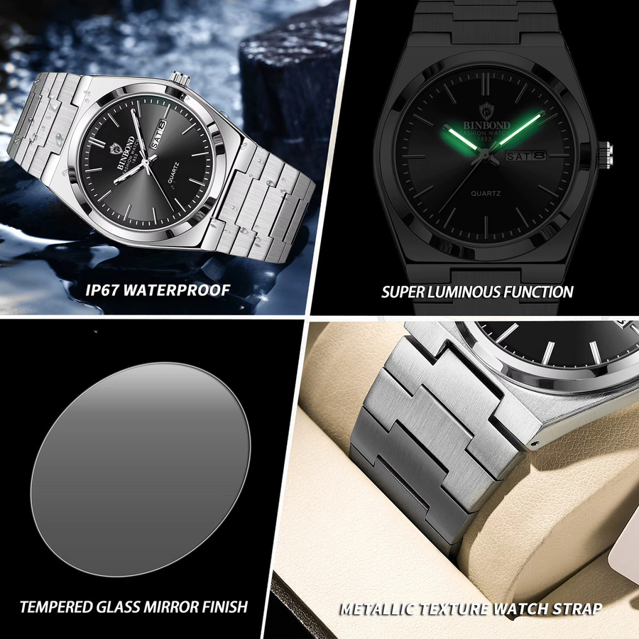 BINBOND Armbanduhr Quarz, Edelstahl, Schwarz, Silber, Herren - Bild 6