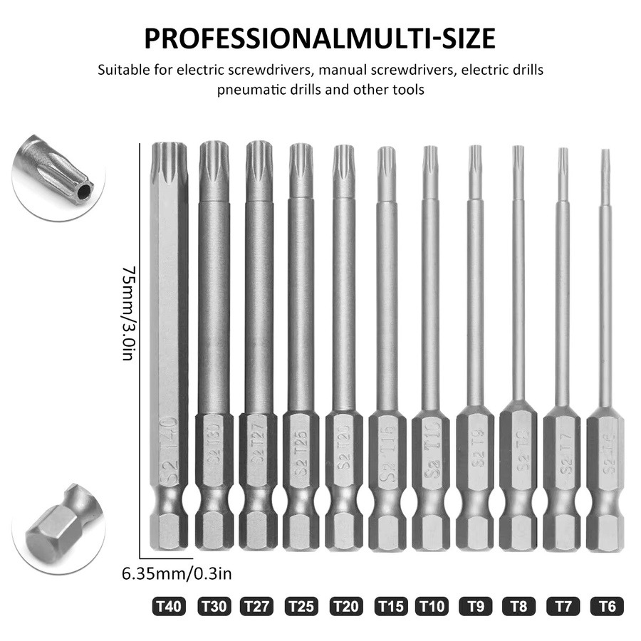 Toorise 11-teiliges Torx-Schraubendreher-Bit-Set aus S2-Stahl in Silber mit 1/4 Zoll Sechskantschaft und magnetischer Funktion - Bild 2