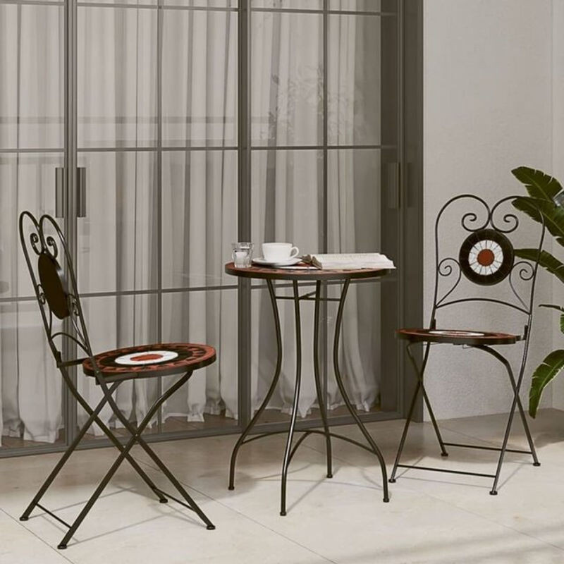 vidaxl Mosaik Bistro Set im Bohemian Stil aus Metall und Keramik in Terrakottarot und Weiß - Bild 1