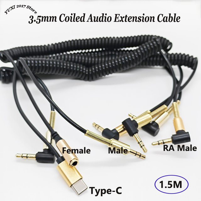 YuXi Spiralkabel Audio-Adapter USB-C auf 3,5 mm Jack AUX-Kabel, vergoldet, Schwarz, Länge: 1,5 m - Bild 1