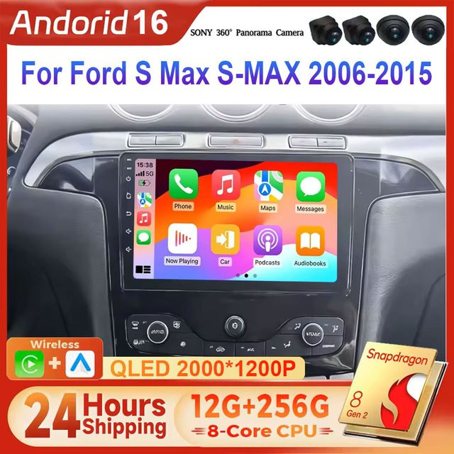 TIEYEZ Android 16 Multimedia Autoradio mit Carplay für Ford S-Max und Galaxy 2006-2015, Stereo Recorder mit Navi, Schwarz - Bild 1