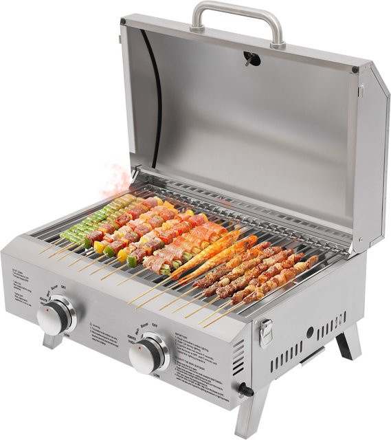Bymaocar Tragbarer Tisch-Gasgrill aus Edelstahl mit Doppelbrennern und Thermometer, Farbe: Silber, B/T/H: 55,8 x 38 x 38 cm - Bild 1