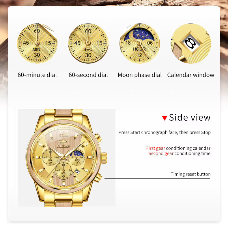 OLEVS Armbanduhr Quarz, Holz, Chronograph, Gold, Herren - Bild 5