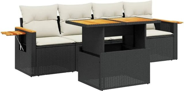 vidaXL 5-tlg. Garten-Sofagarnitur aus Poly-Rattan in Schwarz mit Kissen und Akazienholz-Tisch - Bild 1