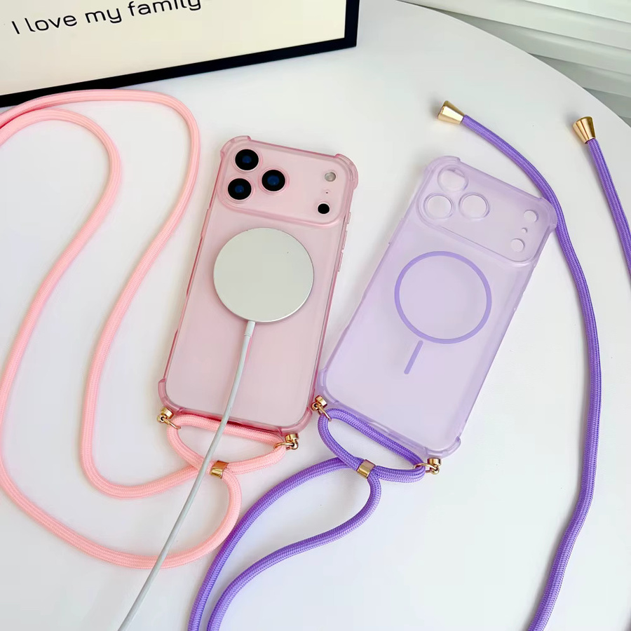 lolozzx Magnetische Crossbody Lanyard Hülle für iPhone 17 Pro, 16, 15, 14 Pro Max Plus, Stoßfestes TPU Case mit MagSafe Kompatibilität in Weiß und Pink - Bild 1
