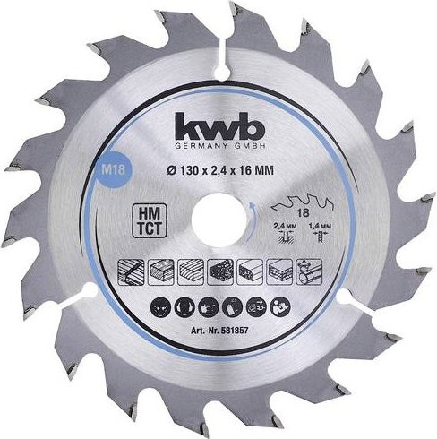 Kwb Hartmetall Kreissägeblatt für Holz und Kunststoff, Farbe: Silber, Durchmesser: 130 mm, Bohrung: 16 mm - Bild 1