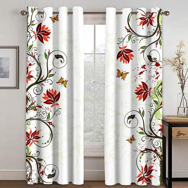 A Family Of Home Textiles Semi-transparente Blumen Vorhänge mit Ösen, 2er-Set, Weiß, Breite: 50 cm, Höhe: 130 cm - Bild 1