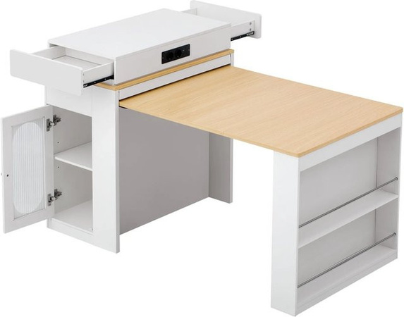 okwish Kücheninsel mit ausziehbarem Esstisch in Weiß mit Rollen, Steckdosen und Haken, B/T/H: 83 x 46 x 96 cm bis 146 x 96 cm